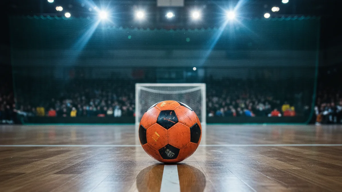 Imagen genérica de un balón de fútbol sala en la pista de un pabellón deportivo.