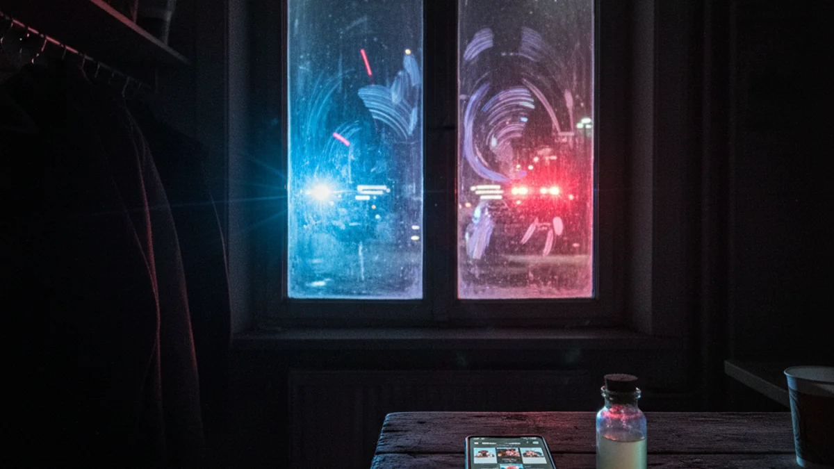 Imatge genèrica d'un telèfon mòbil i llums d'emergència en un entorn urbà nocturn.