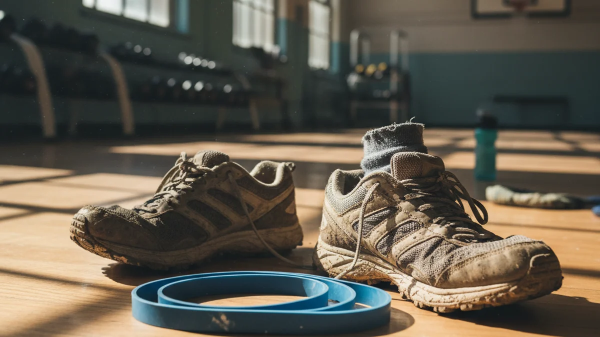 Imagen genérica de unas zapatillas de deporte y material de rehabilitación en un gimnasio.