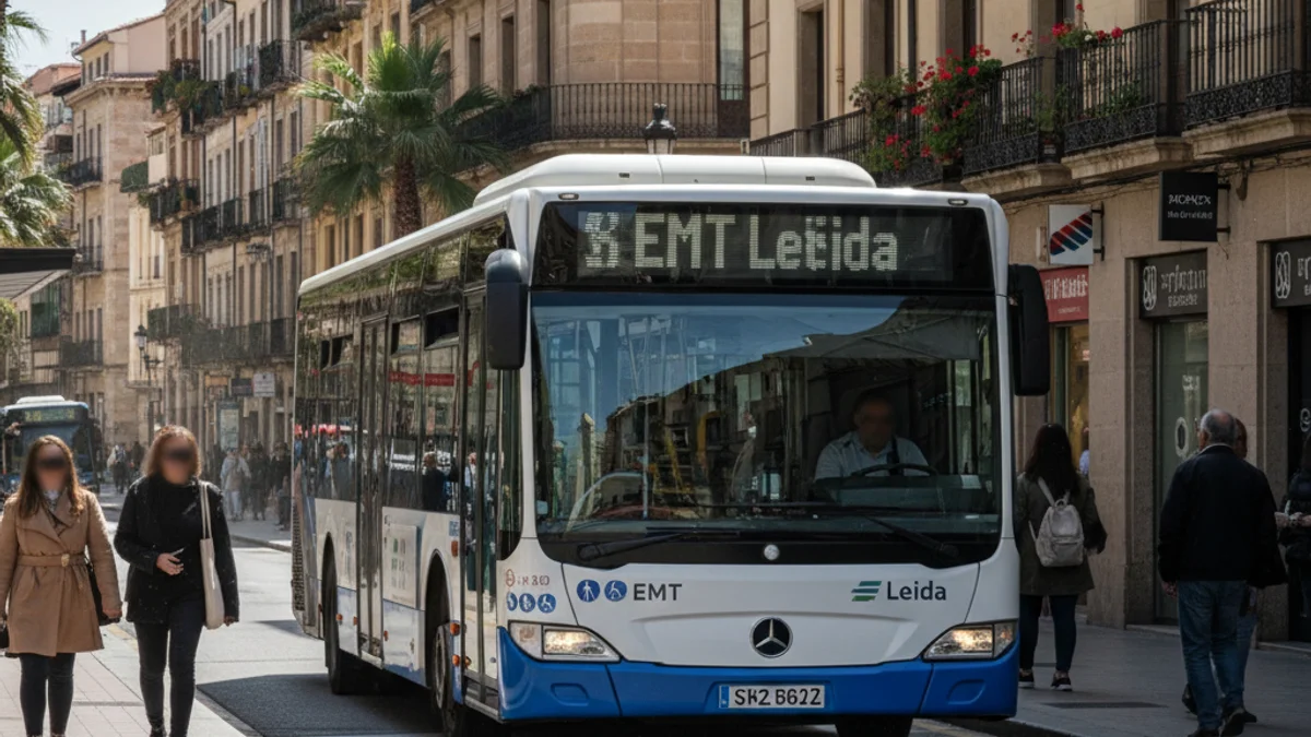 Generic image of an urban bus driving through the city of Lleida.