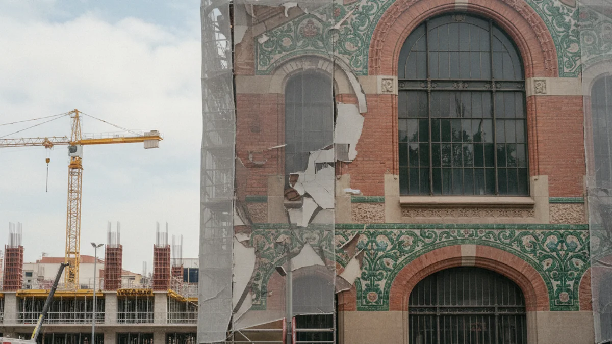 Imagen genérica del edificio modernista La Meta de Lleida cubierto con lonas de protección que reproducen su fachada.