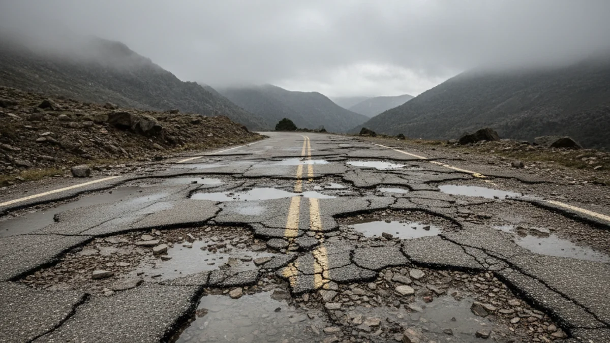 Imagen genérica de una carretera de montaña con baches y el pavimento deteriorado.