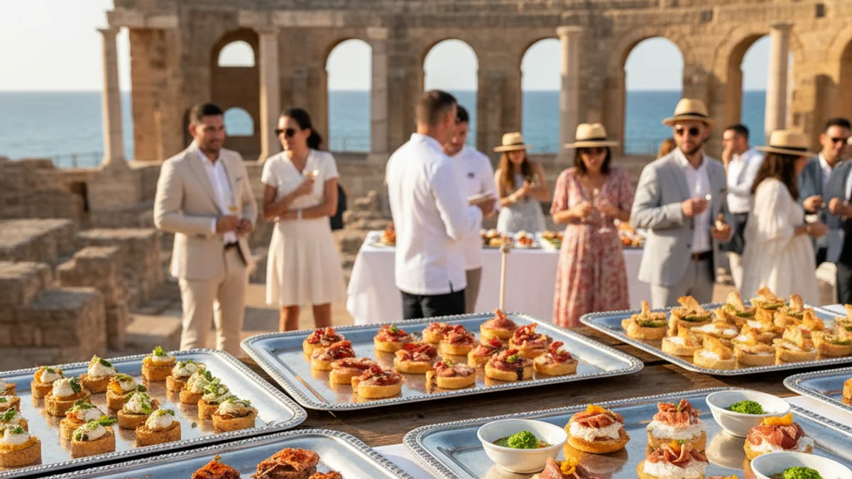 Imatge genèrica de l'Amfiteatre de Tarragona durant un esdeveniment gastronòmic amb vistes al mar.