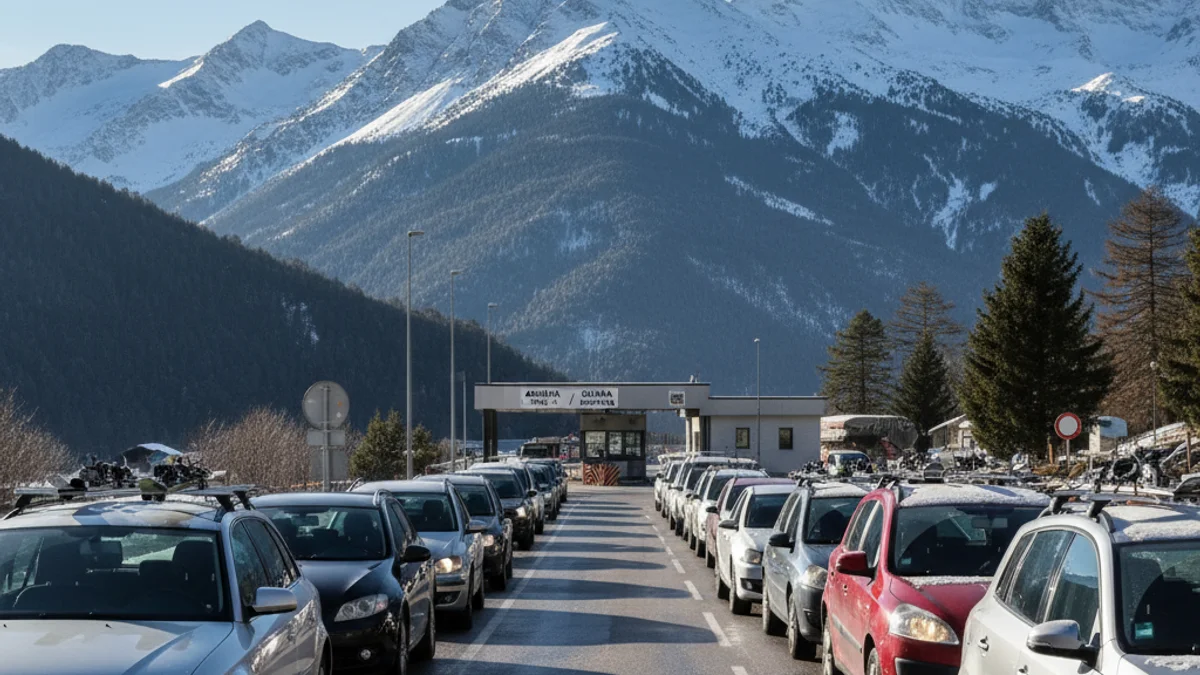 Imatge genèrica d'una cua de vehicles en una carretera de muntanya prop de la frontera.