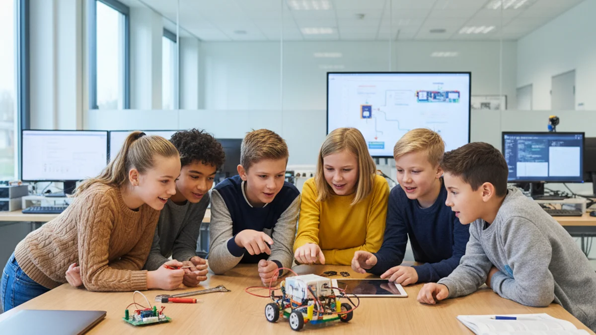 Imatge genèrica de joves estudiants treballant amb un robot educatiu en un entorn tecnològic.