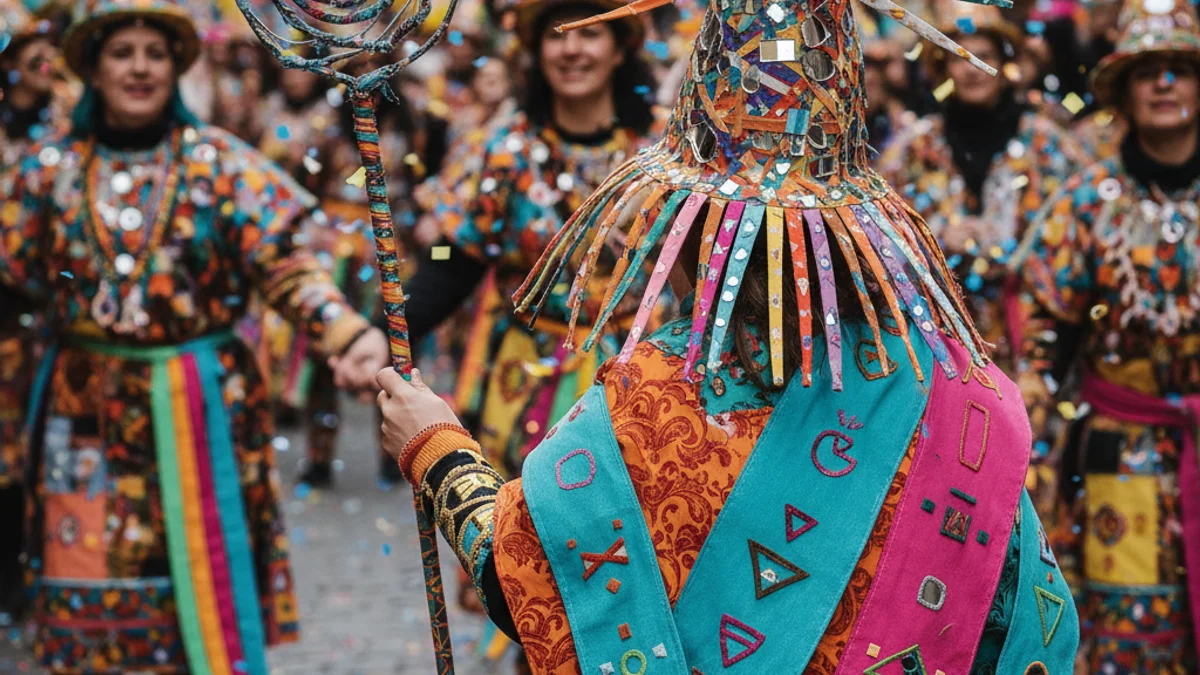 Grup de siluetes de nens i joves participant en una rua de Carnaval amb elements de disfressa genèrics.