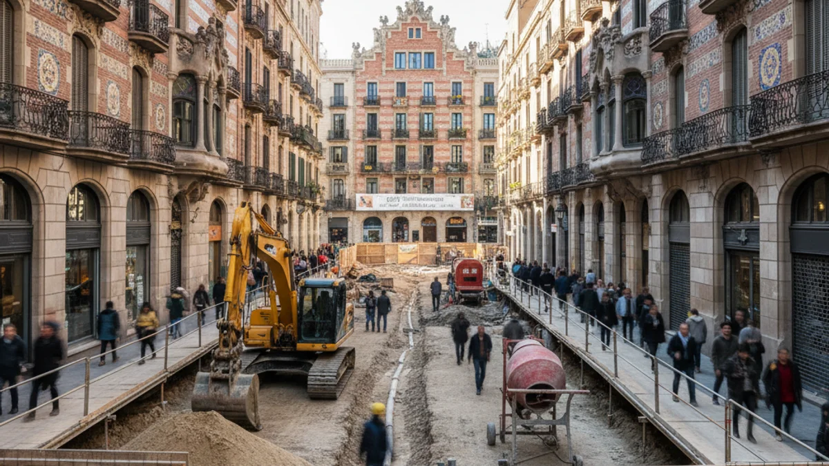 Imagen genérica de las obras de reurbanización en una calle con edificios modernistas.