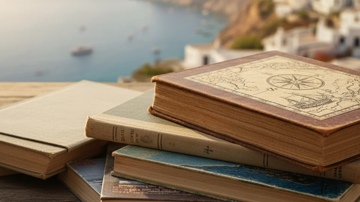 Imatge genèrica de diversos llibres de viatges apilats sobre una superfície de fusta.