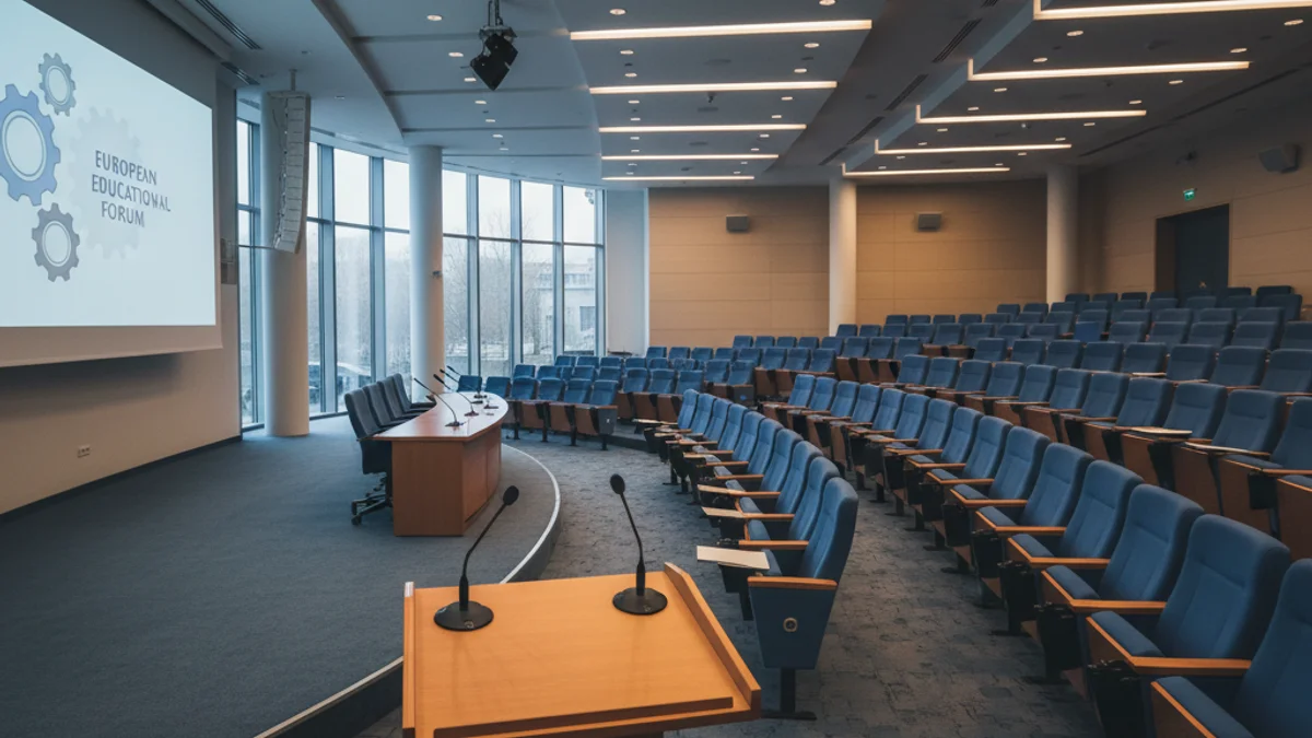 Imagen genérica de una sala de congresos con un podio y micrófonos.