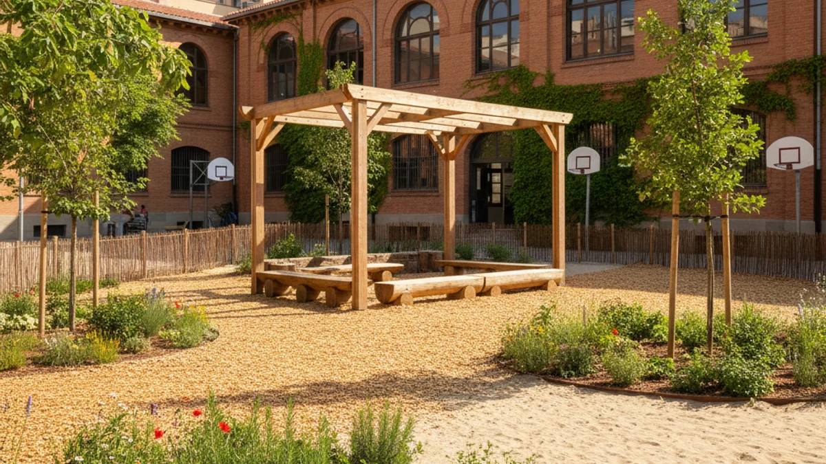 Imatge genèrica d'un pati escolar renaturalitzat amb paviments tous, vegetació i una pèrgola de fusta.