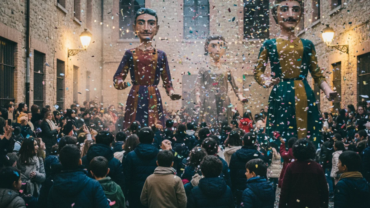 Imatge genèrica d'una celebració festiva en un pati escolar amb gegants i ambient de festa.