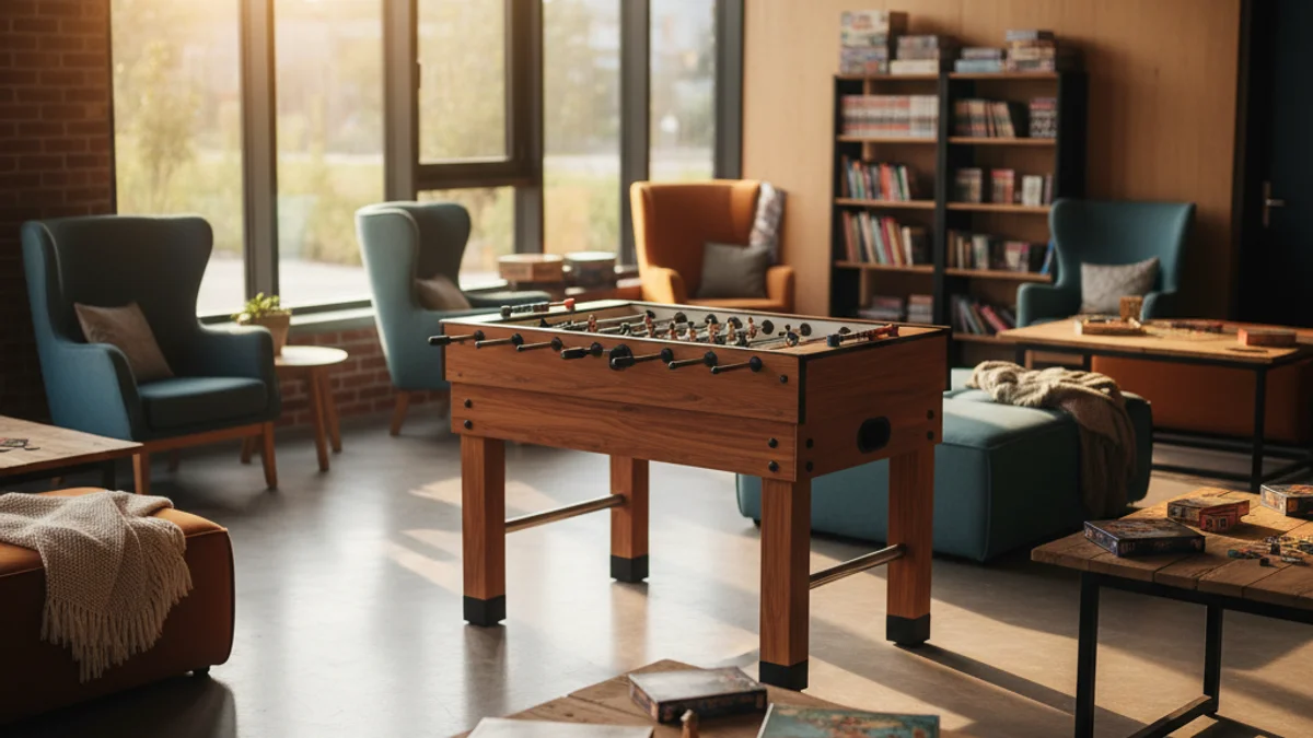 Imagen genérica de un espacio de ocio juvenil con un futbolín y juegos de mesa.