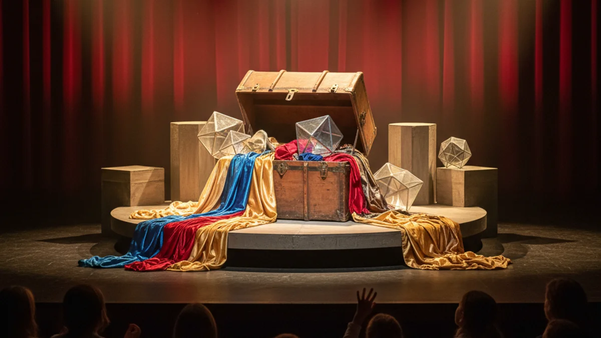 Imagen genérica de un escenario teatral con iluminación cálida y objetos de espectáculo.