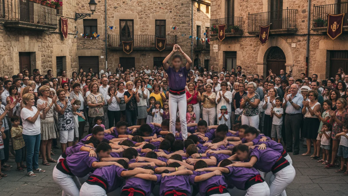 Imatge genèrica d'un grup de joves assajant castells en una plaça amb camises de color violeta.