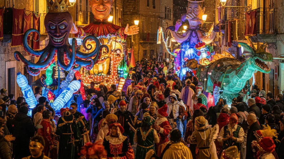 Imatge genèrica d'una rua de Carnaval amb carrosses i gent disfressada.