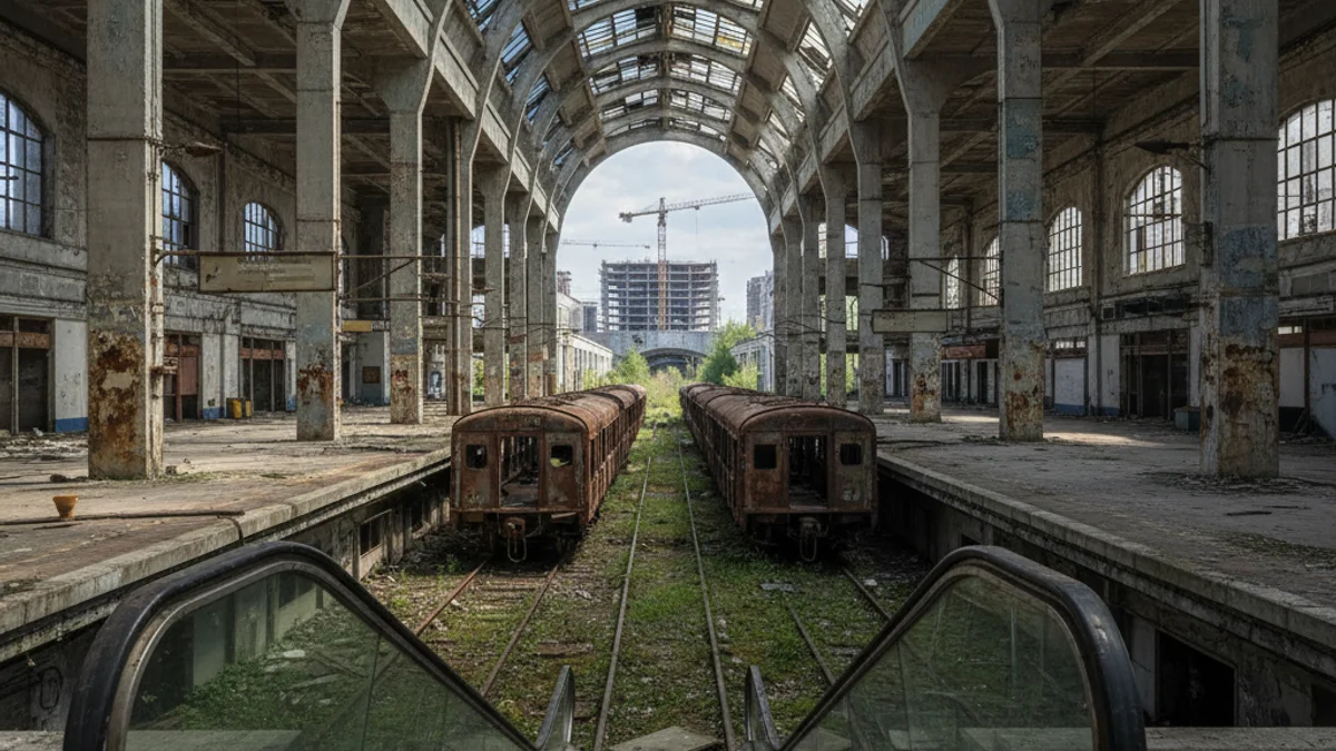 Vista genèrica d'una antiga estació d'autobusos buida, amb focus en l'arquitectura i l'espai obert.