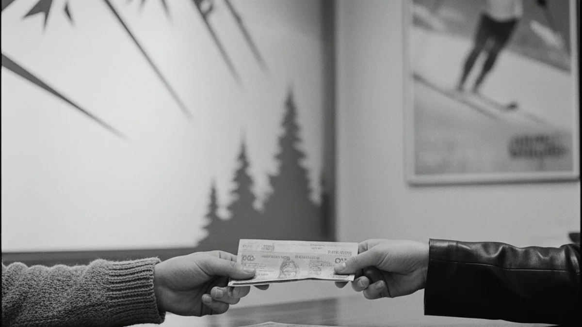 Una persona comprant un forfet o demanant informació en un taulell d'una oficina de turisme a la Cerdanya.