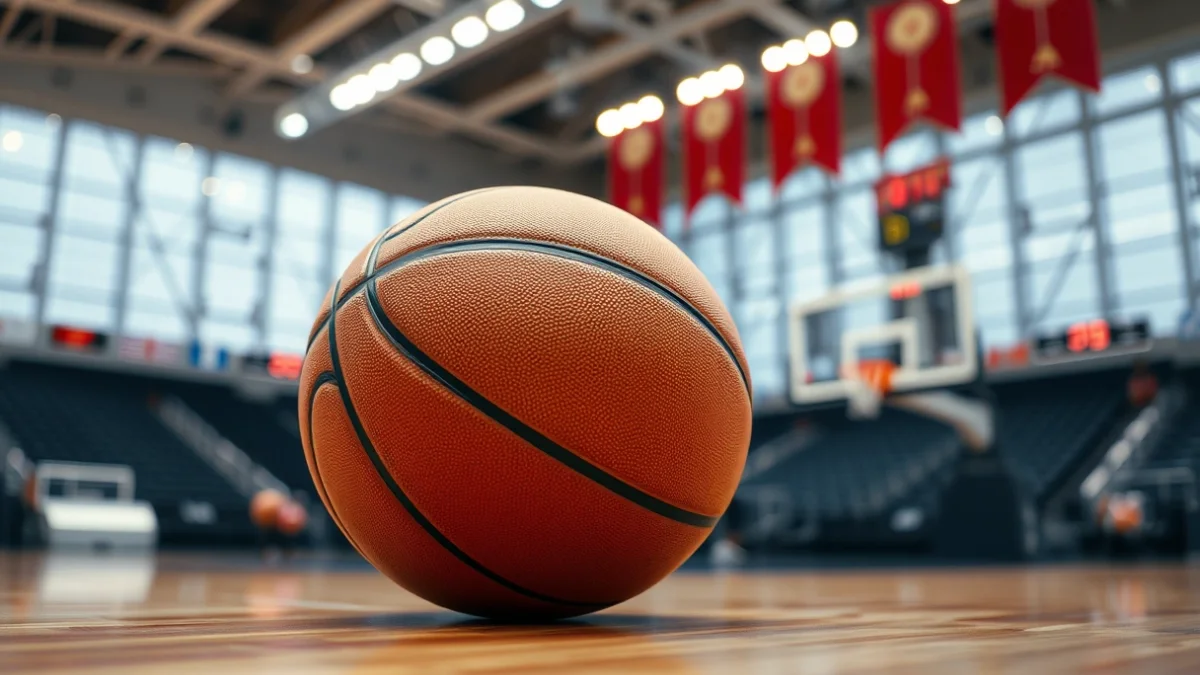 Imatge genèrica d'una pilota de bàsquet en una pista professional.