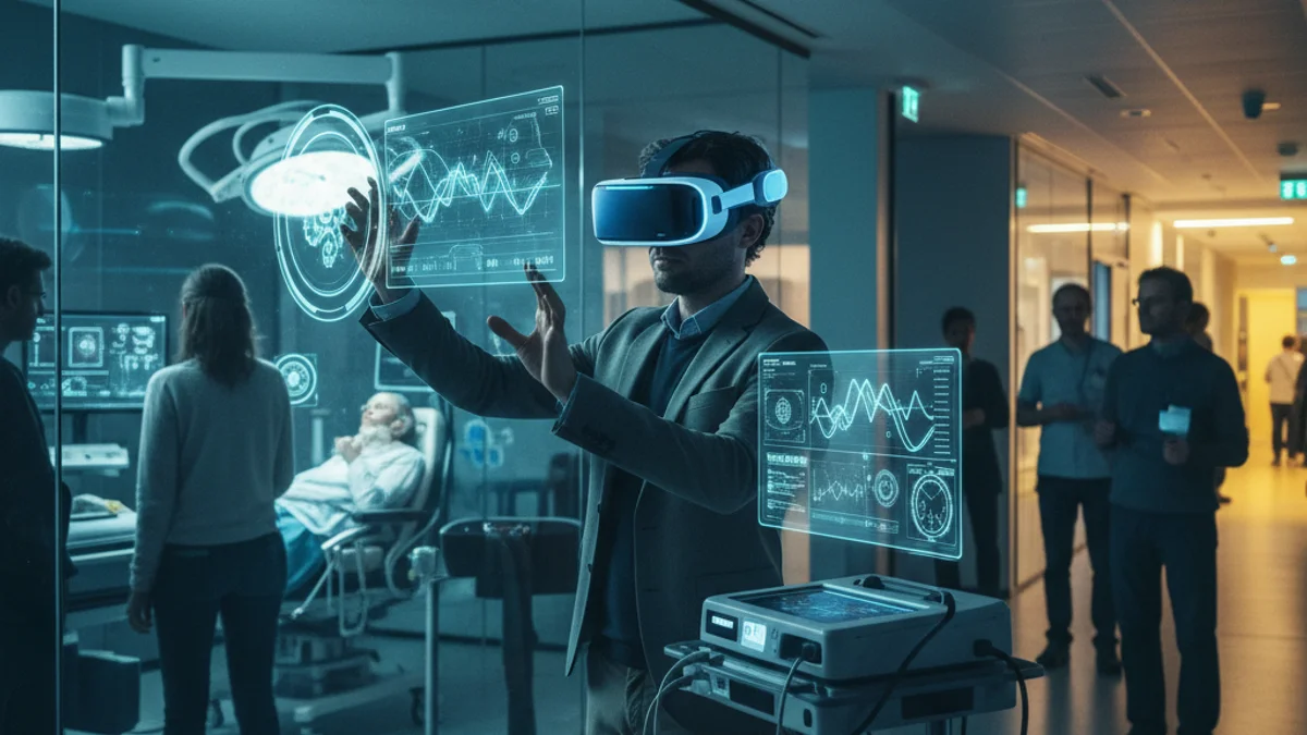 Imatge genèrica d'una persona utilitzant ulleres de realitat virtual en un entorn sanitari modern.