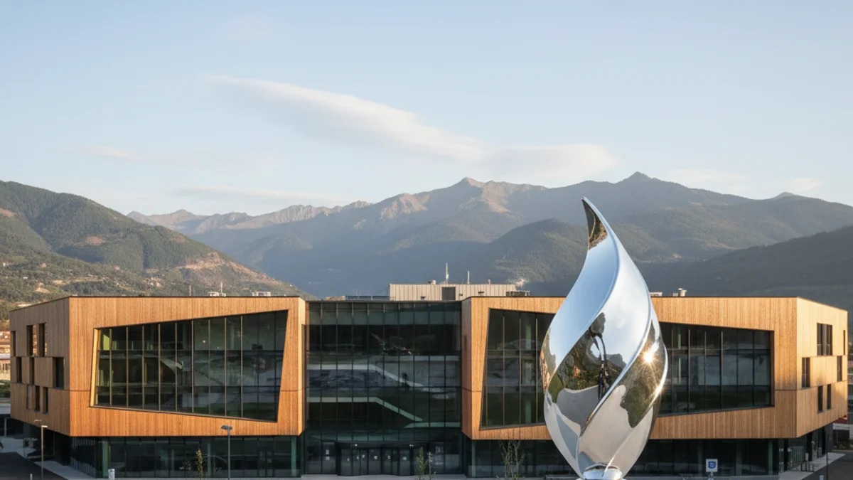 Imatge genèrica de l'exterior d'un hospital modern situat en una zona de muntanya.