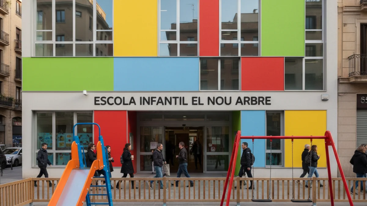Generic image of the exterior of a municipal nursery school with bright colors and a playground.
