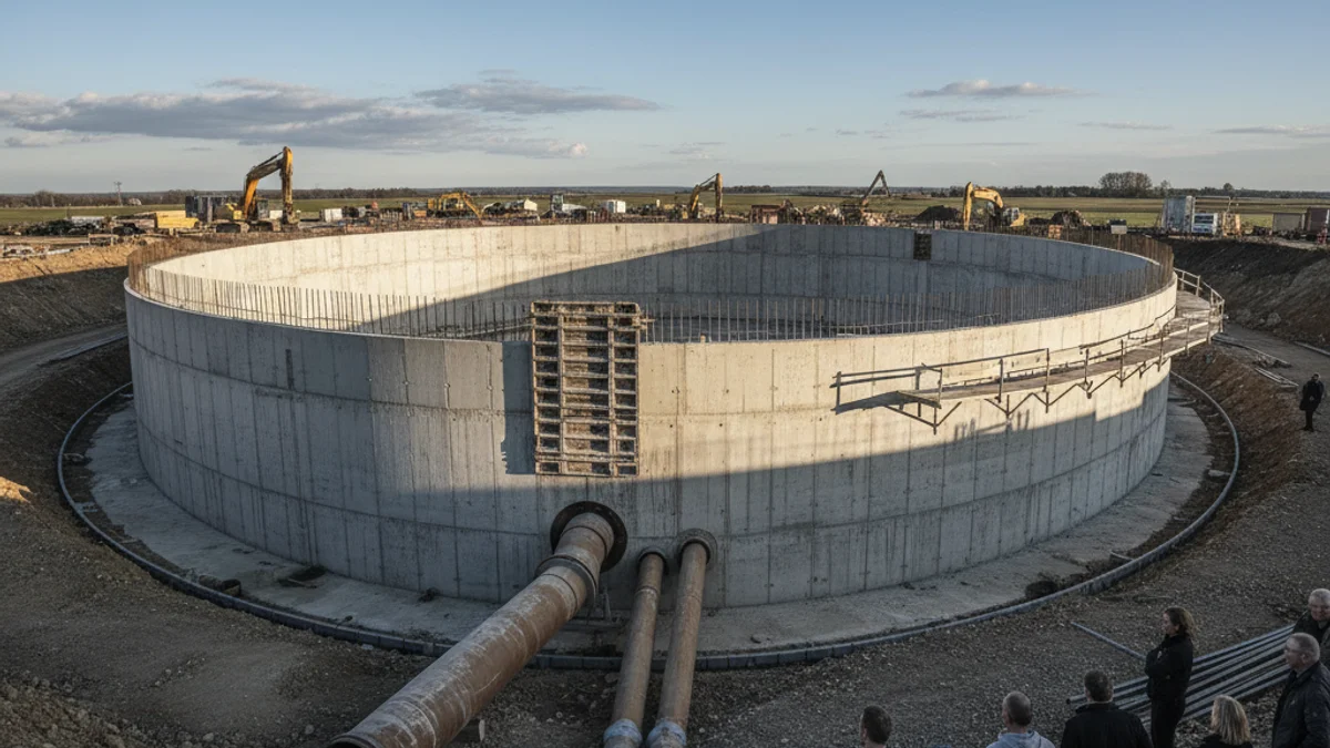 Imatge genèrica d'un gran dipòsit d'aigua en construcció.