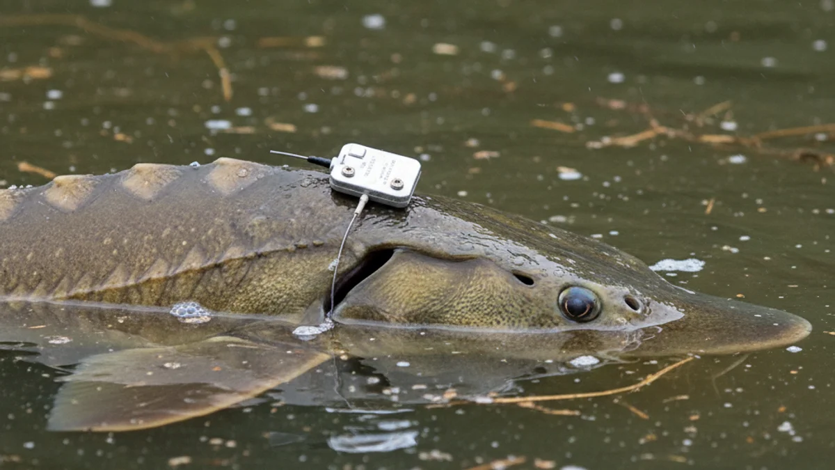 Imatge genèrica d'un esturió nedant en aigües poc profundes o d'un dispositiu de seguiment utilitzat en projectes de conservació marina.