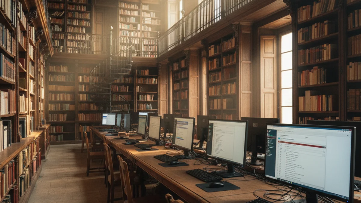 Generic image of an old library with wooden shelves and historical documents.
