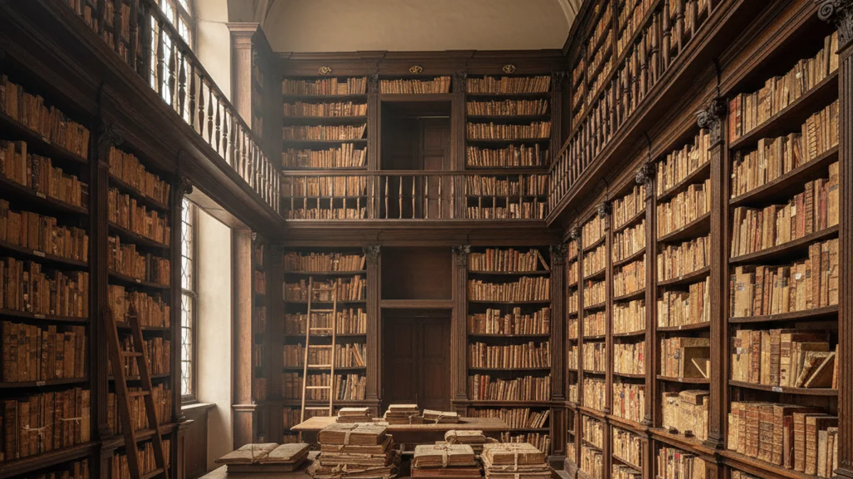 Imatge genèrica de l'interior d'una biblioteca històrica amb prestatgeries de fusta i documents antics.