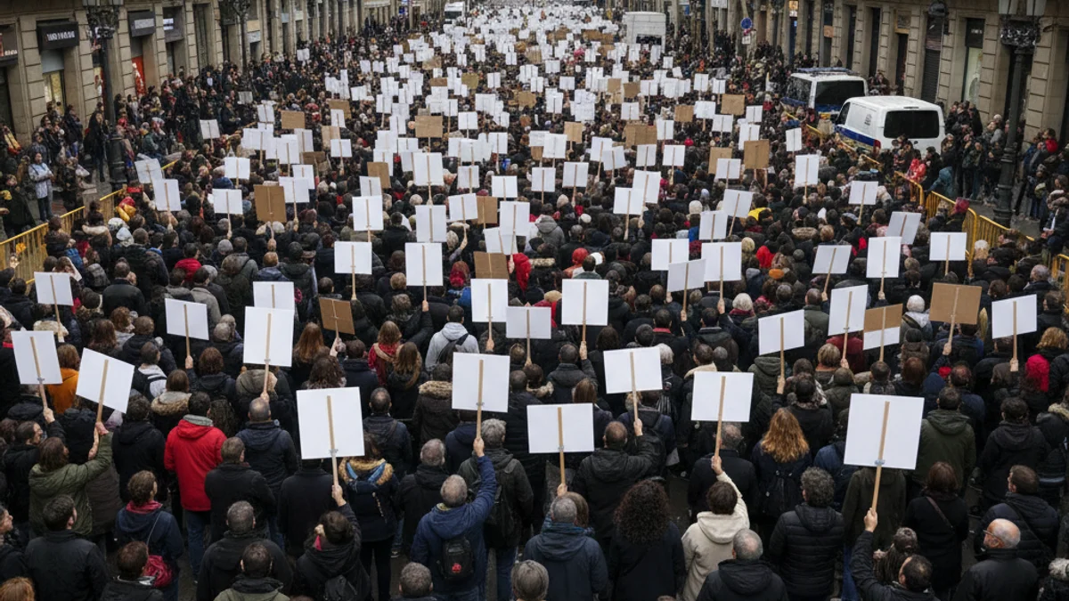 Imatge genèrica d'una concentració de persones en un carrer ample de Barcelona, amb pancartes de protesta.