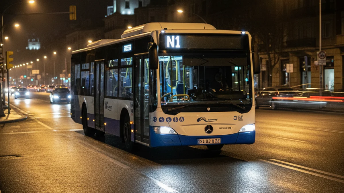 Generic image of a night city bus driving through urban streets with lights on.