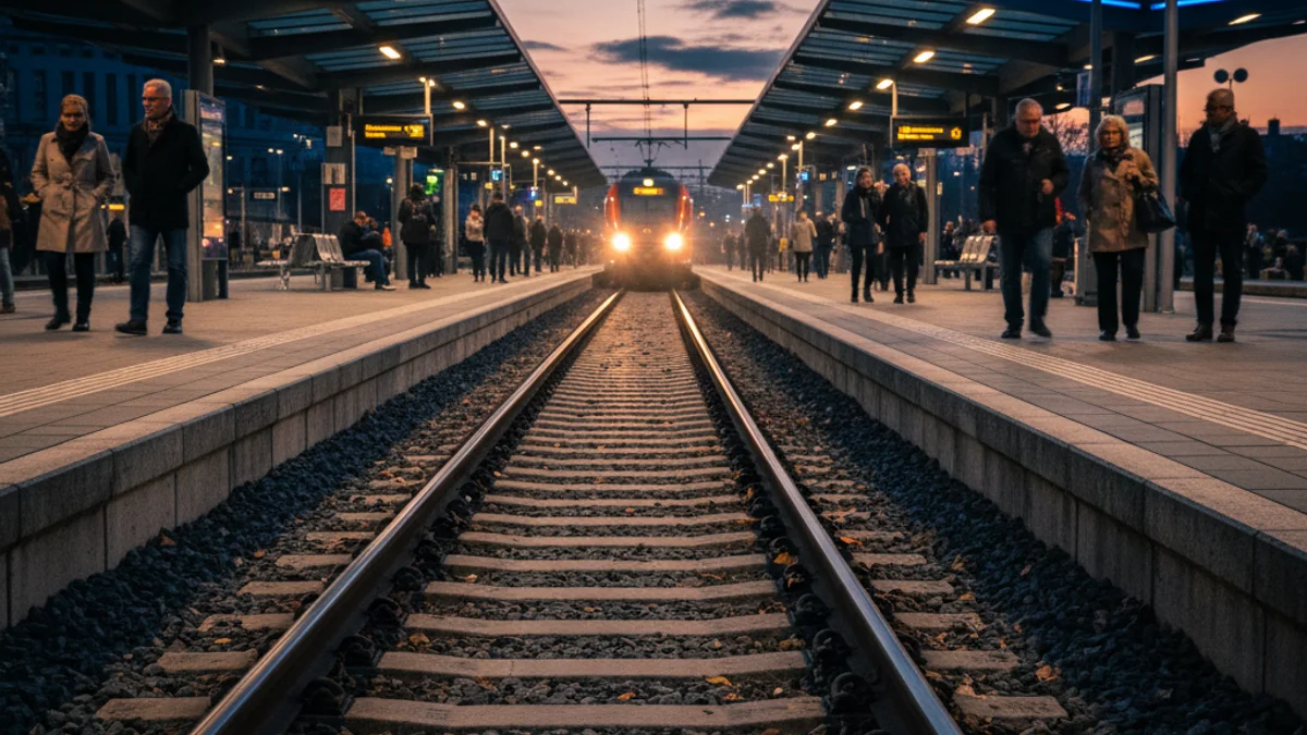Imatge generica d'una estacio de tren amb les vies en primer pla durant el vespre.