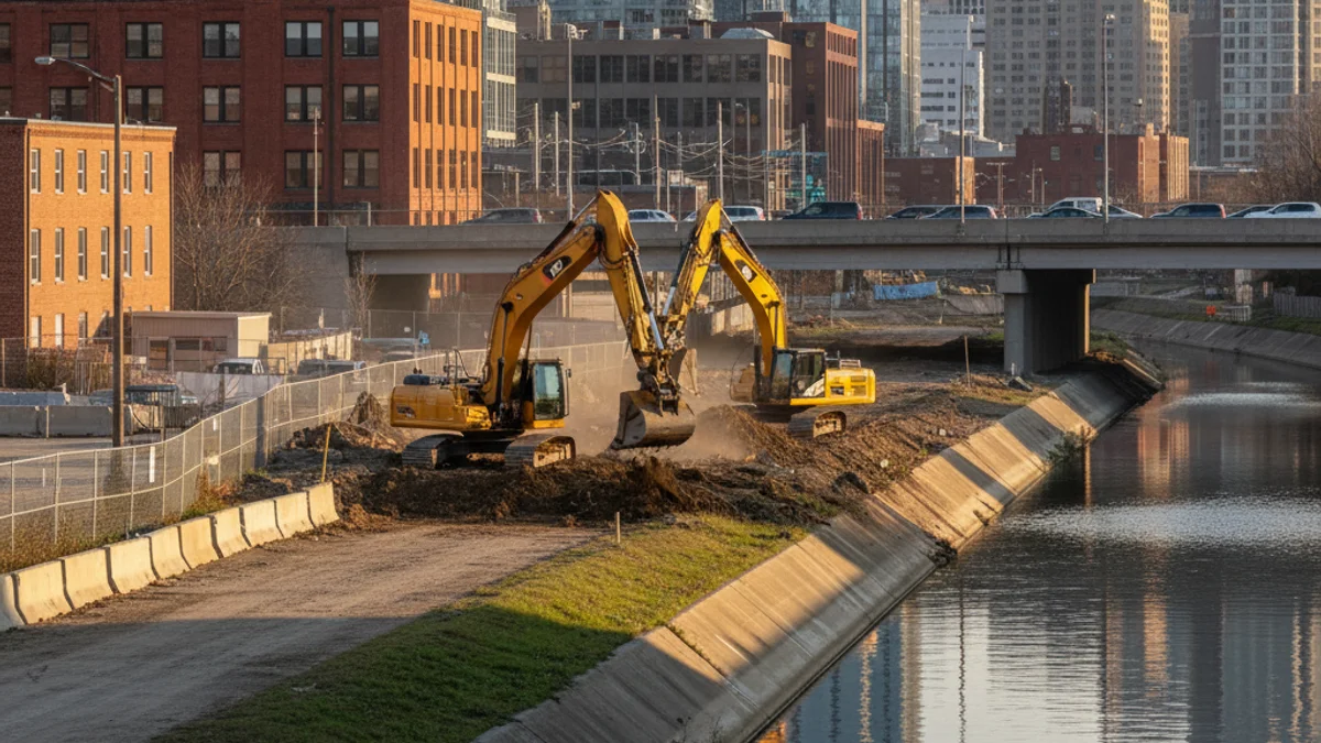 Vista de la canalització del riu Segre a Lleida, amb maquinària d'obra preparant el terreny per a la rebaixa del parc.