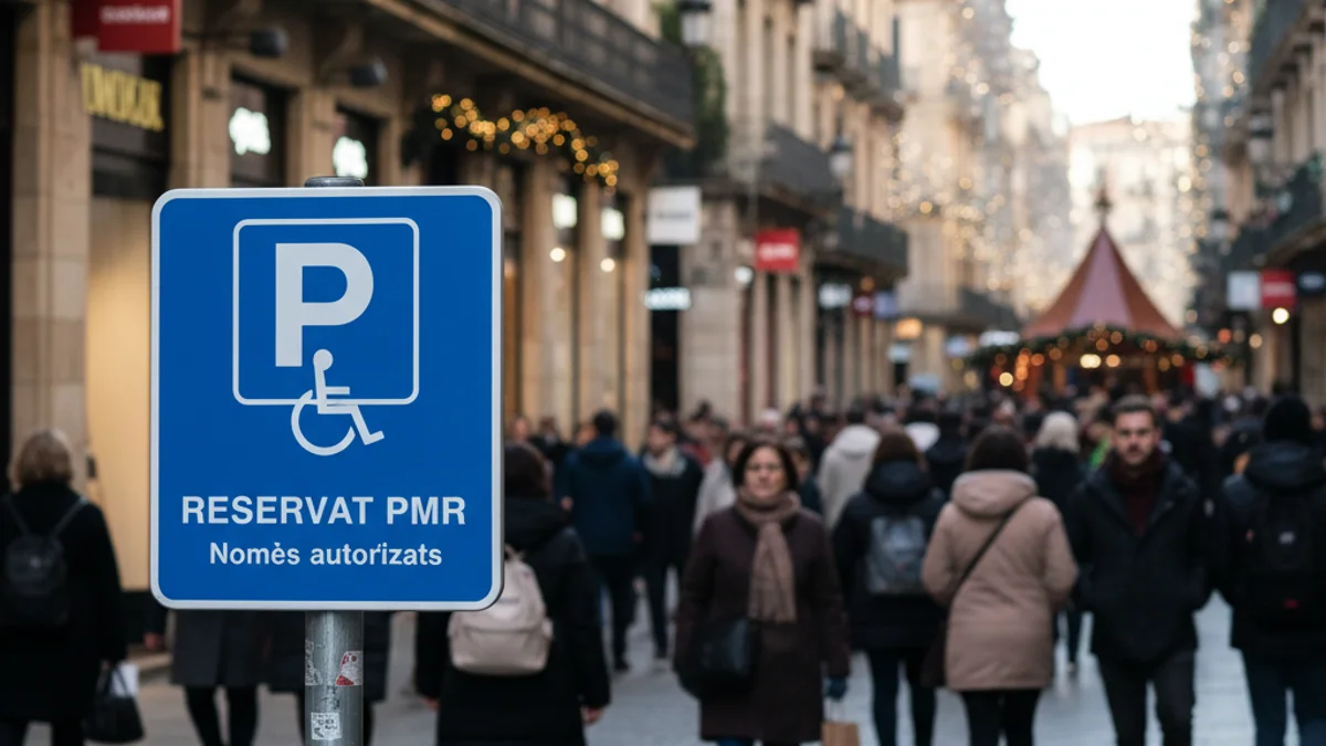 Imatge genèrica d'un senyal d'aparcament reservat per a persones amb mobilitat reduïda en un carrer comercial.