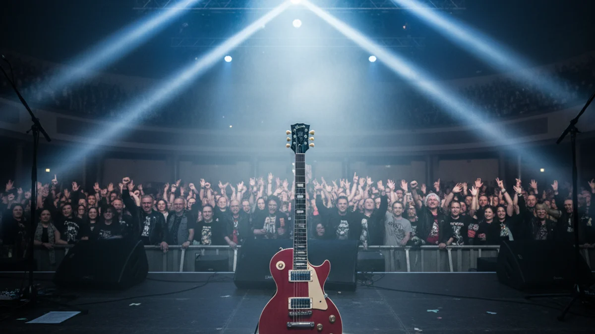 Imatge genèrica d'una guitarra elèctrica sota els focus d'un escenari de concert.