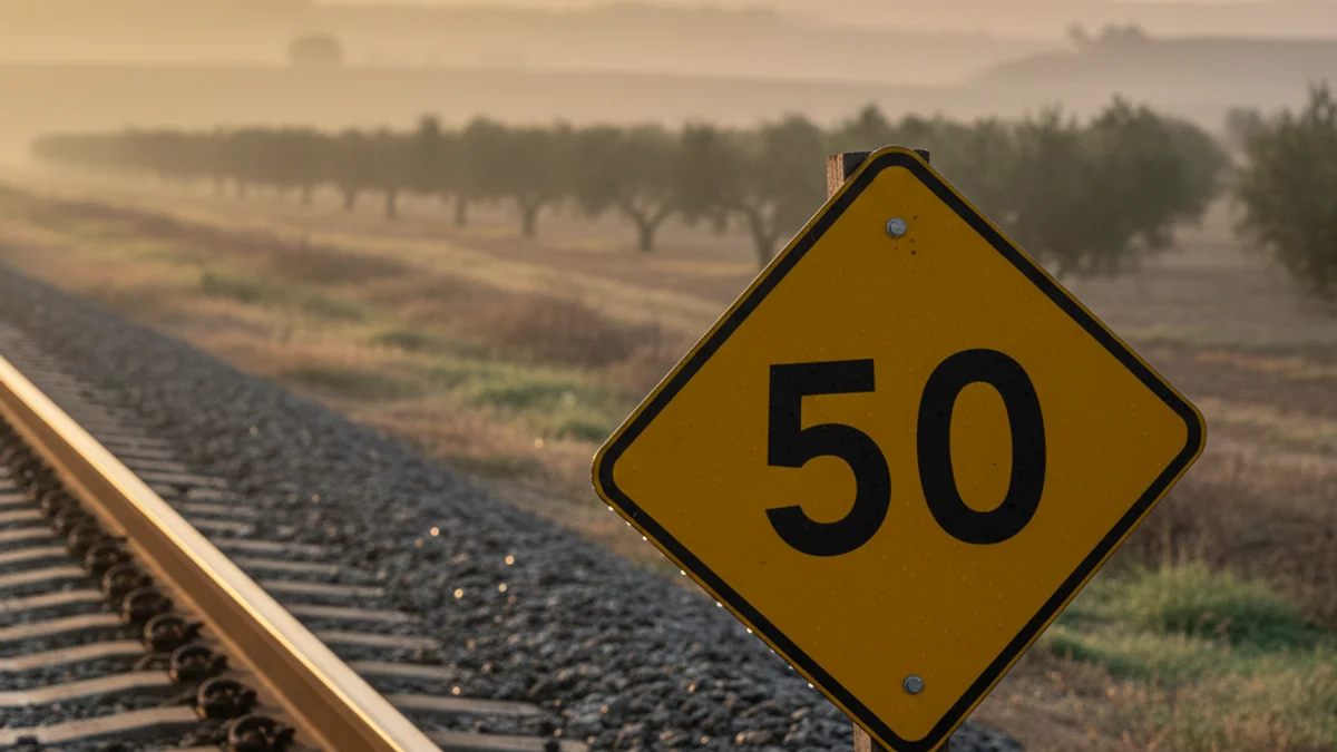 Imatge genèrica d'un senyal de limitació de velocitat en una via de tren.