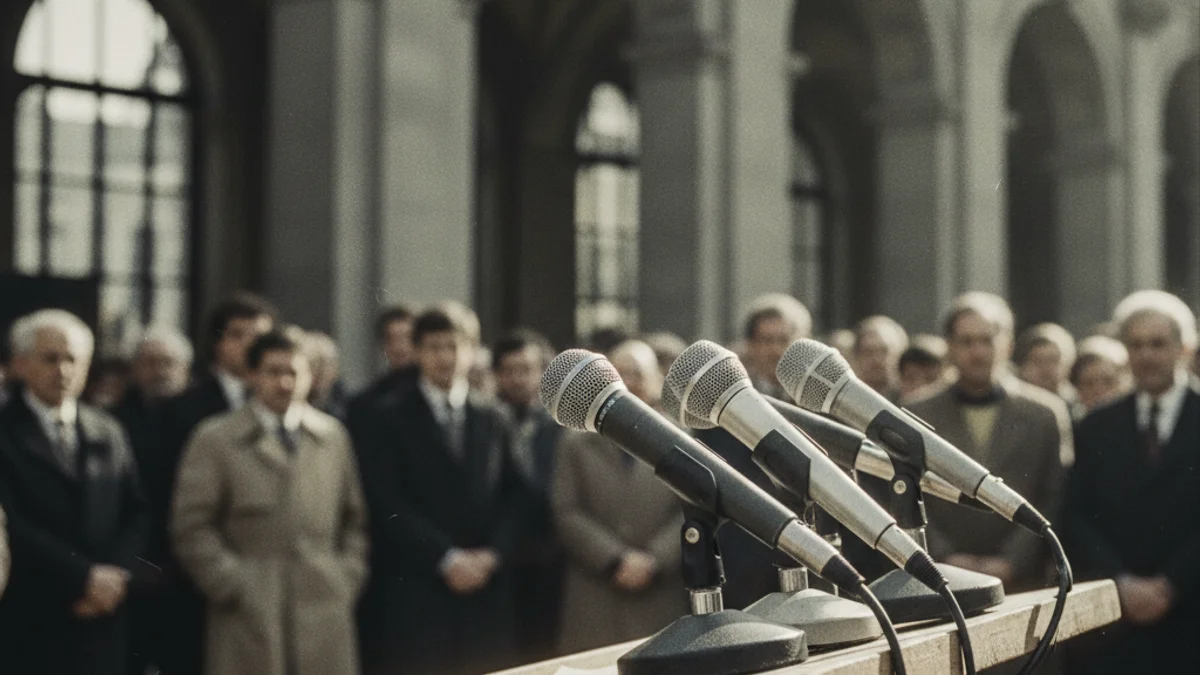 Generic image of vintage microphones on an institutional podium symbolizing the declassification of historical documents.
