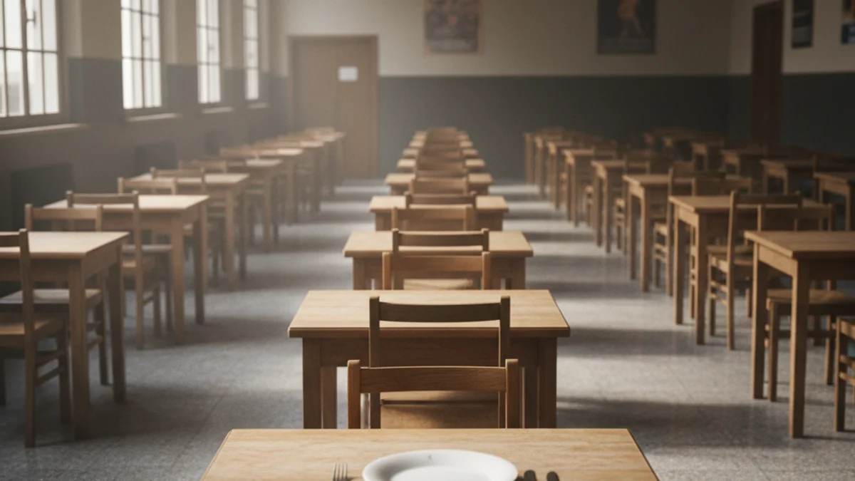 Generic image of an empty school canteen with wooden tables and chairs.