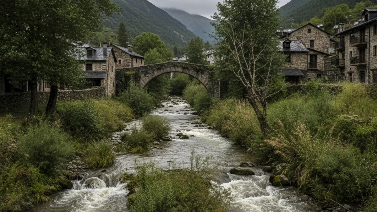 Imatge genèrica de la llera del riu Garona al seu pas per un nucli urbà de la Val d'Aran.