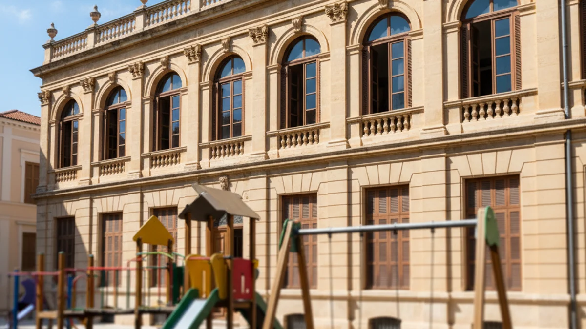Façana d'un centre educatiu públic amb elements arquitectònics històrics i un pati assolellat.
