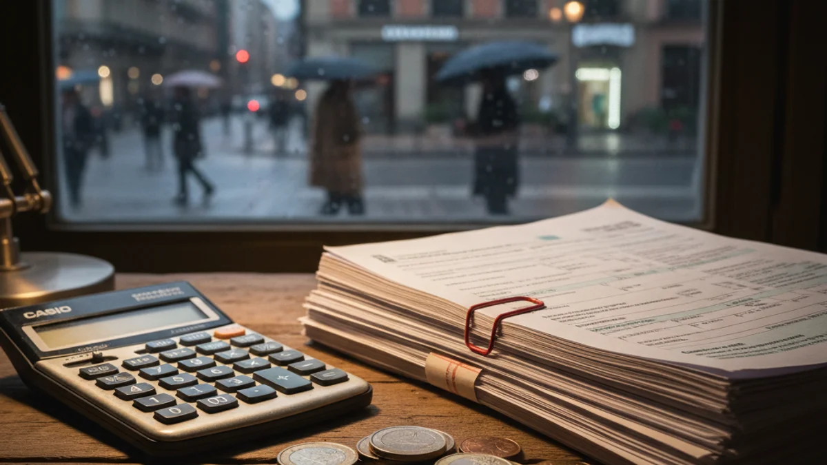 Imagen genérica de una calculadora y monedas sobre formularios fiscales que simbolizan la presión económica.