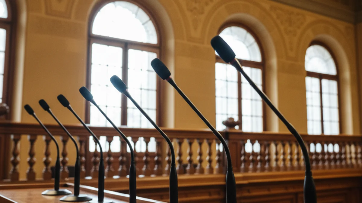 Imagen genérica de una sala de plenos municipal vacía con micrófonos.
