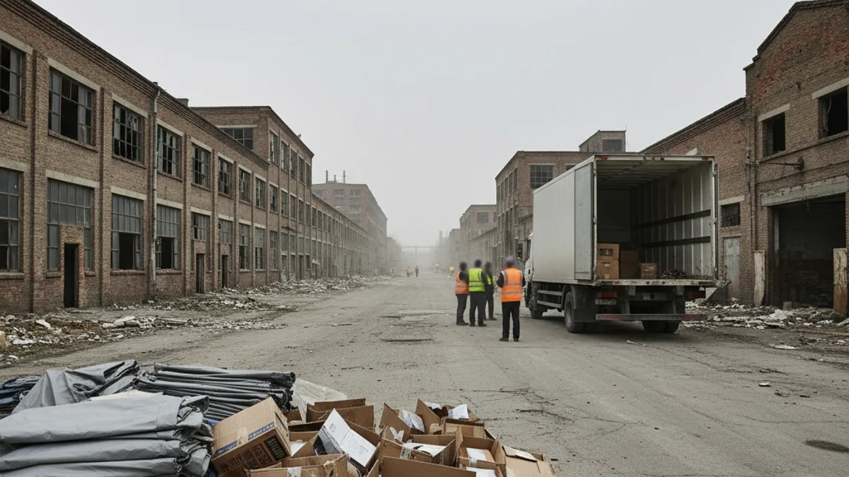 Equips de neteja urbana treballant en un solar industrial buit amb tanques de seguretat.