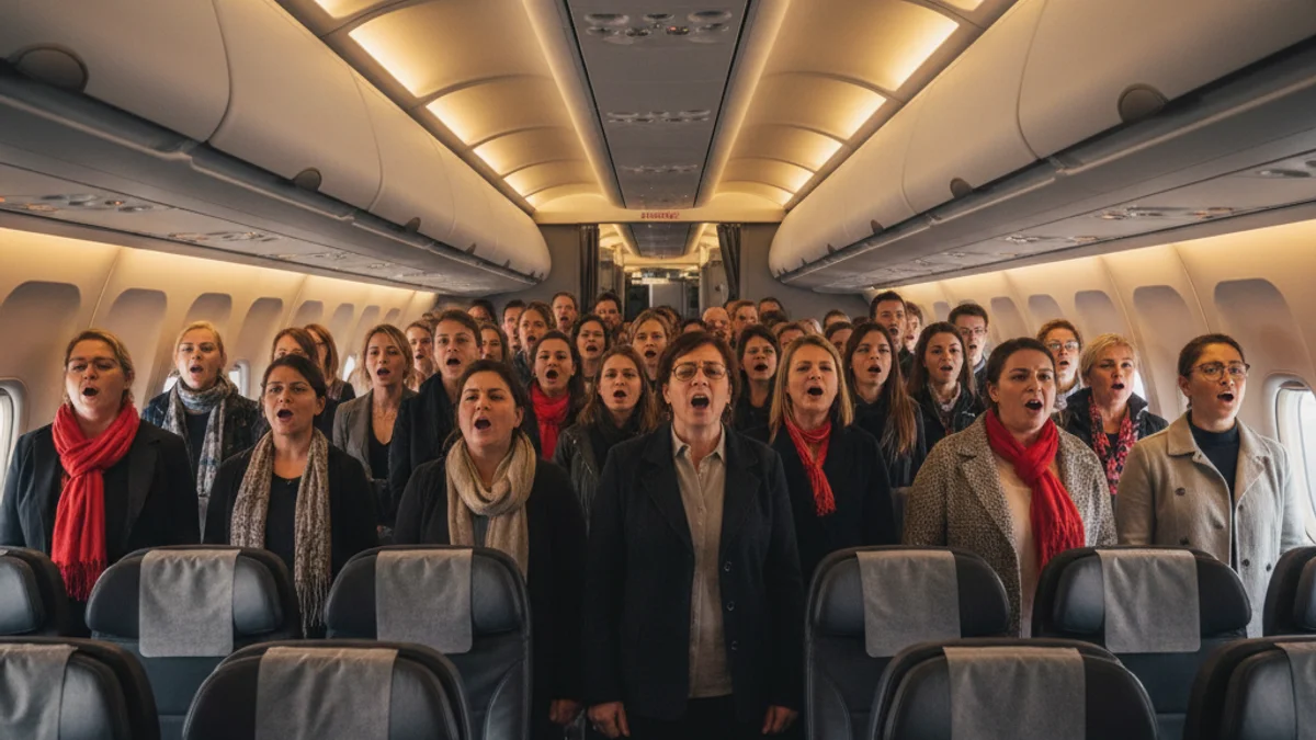 Imatge genèrica d'un grup de cantants actuant a l'interior de la cabina d'un avió comercial.
