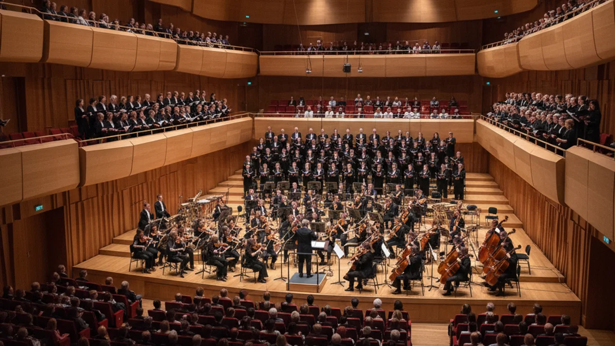Imatge genèrica de l'interior d'un auditori modern durant un concert de música coral i simfònica.