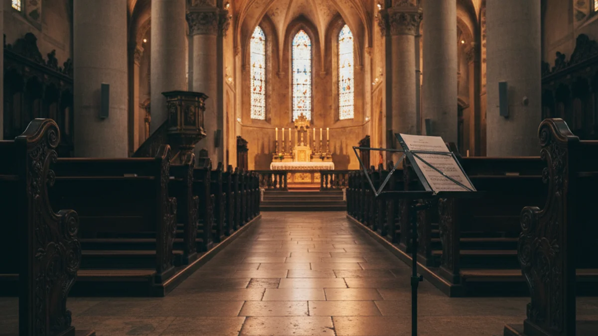 Generic image of a church interior prepared for a choral concert with wooden pews and warm lighting.