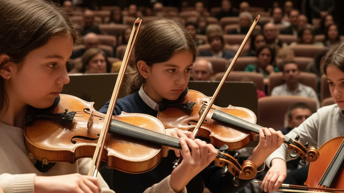 Imatge genèrica d'infants tocant instruments de corda en una orquestra simfònica infantil.