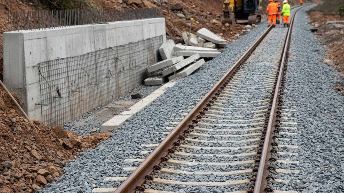 Imatge genèrica de vies de tren i infraestructures ferroviàries amb operaris treballant en tasques d'estabilització.