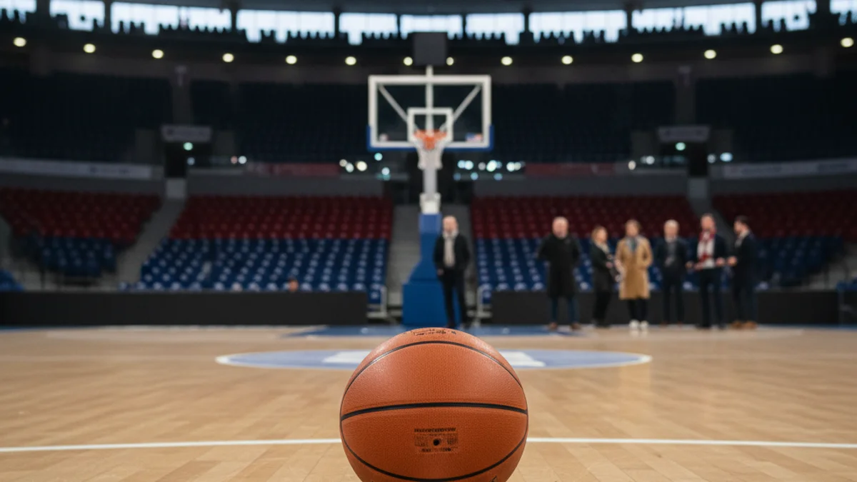 Generic image of a professional basketball court after a high-intensity game.