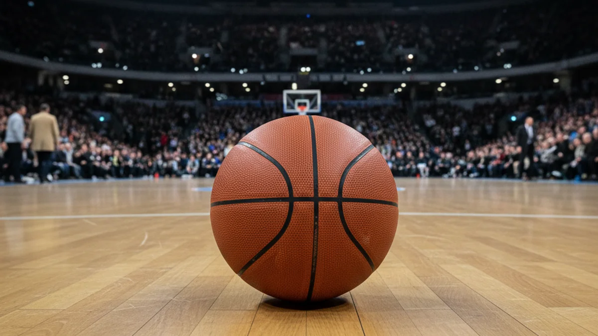 Imatge genèrica d'una pilota de bàsquet en una pista professional abans d'un partit europeu.